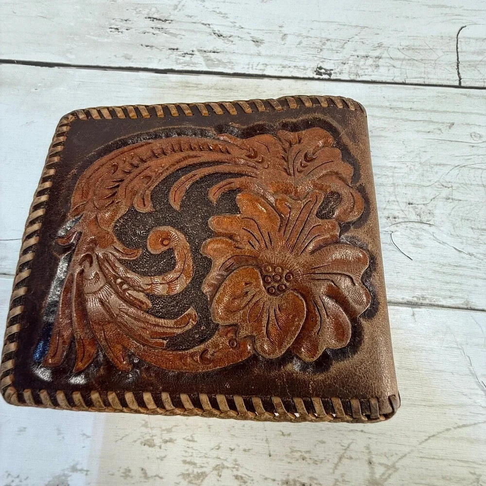 Vintage Hand Tooled Leather Wallet & Mexico Coin Purse Set Western Floral Horse